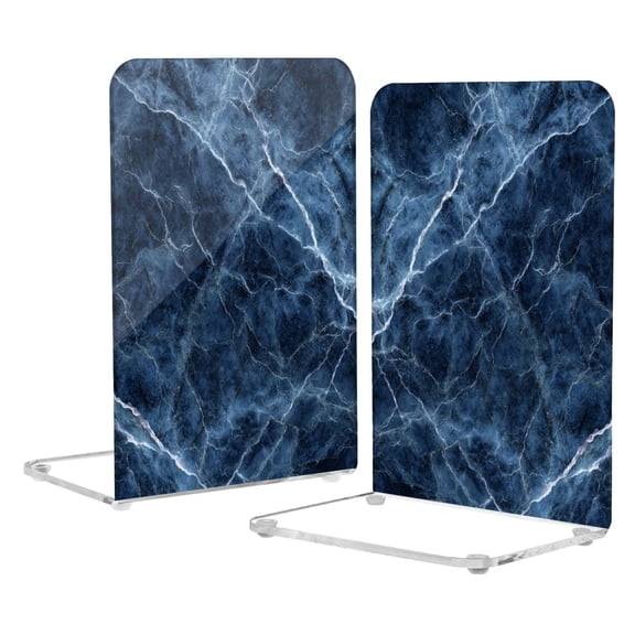 2Pack Acrylic Bookends Clear L-Shaped Book Holders with Non-Slip Pads Sturdy Durable Book Stoppers for Shelves, Office, School, Library, Home Desk Decor Waves Of Midnight Blue Marble