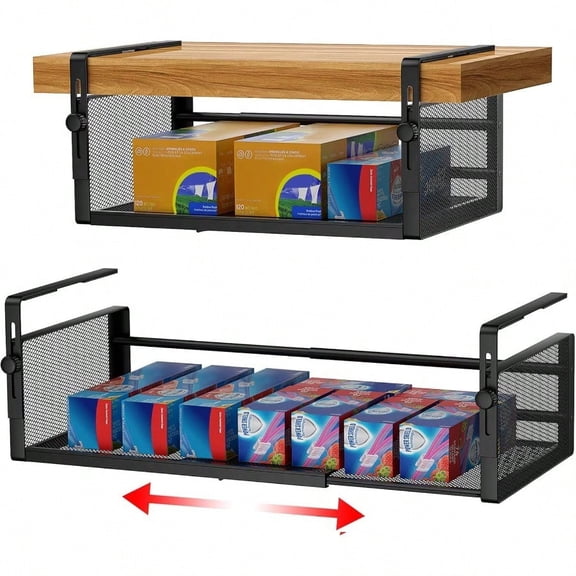 2Pack Adjustable Under Shelf Basket - Stretchable 14.9-22.6In Hanging Storage for Kitchen Pantry Cabinet Desk Bookshelf Cupboard, Black Mesh Organizer Space Saver