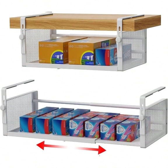 2Pack Adjustable Under Shelf Basket - Stretchable14.9-22.6in Metal Mesh Hanging Organizer for Kitchen Pantry Desk Closet Cupboard Counter Bookshelf White