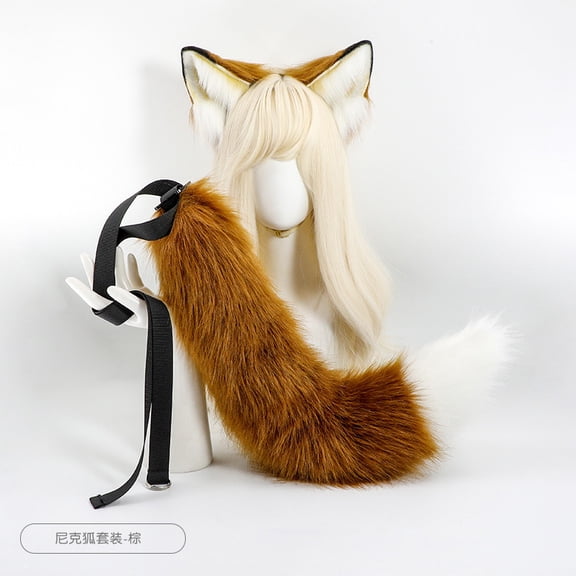 2Pack Anime Cat Fox Wolf Ears Headband Furry Plush Tail Set, Halloween Animal Party Costumes Fursuit Therian Ear Tail Accessories
