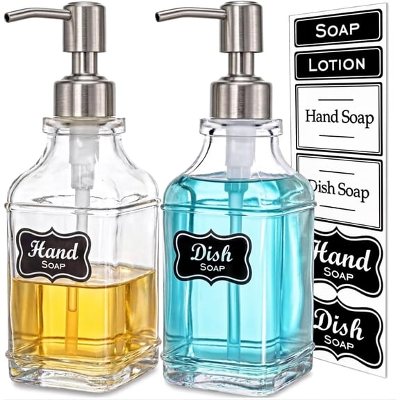 2Pack Antique Design Glass Soap Dispenser with Rust Proof 304 Stainless Steel Pump, Refillable Hand Soap Dispenser with 10Pcs Stickers, Premium Soap Dispensers for Kitchen & Bathroom (Clear)