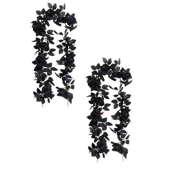 2Pack Artificial Black Rose Vine For Halloween Hanging Black Silk Flower Garland For Outdoor Home Wall Decorations Artificial Flowers Home Decor