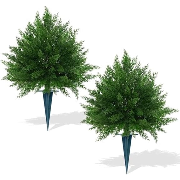 2Pack Artificial Cedar Topiary Ball Trees,16'' UV Resistant Fake Evergreen Shrubs Bushes Plants with Ground Spike Fake Plants for Outdoor Indoor Front Porch Garden