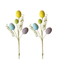 2Pack Artificial Easter Spray Vine Yellow Purple with Pastel Easter Eggs and Spiral Picks, Decorative Spring Floral Stems-Easter Egg Twig Branches for Floral Arrangement-Centerpiece Wreath Decoration