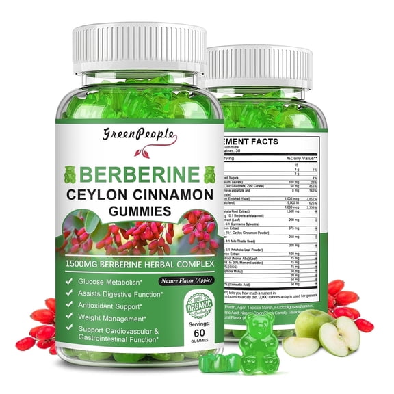 (2Pack)Berberine Gummies 1500mg with Ceylon Cinnamon - Sugar Free Berberine Supplement - for Immune Support & Brain Function - 120 Apple Gummies