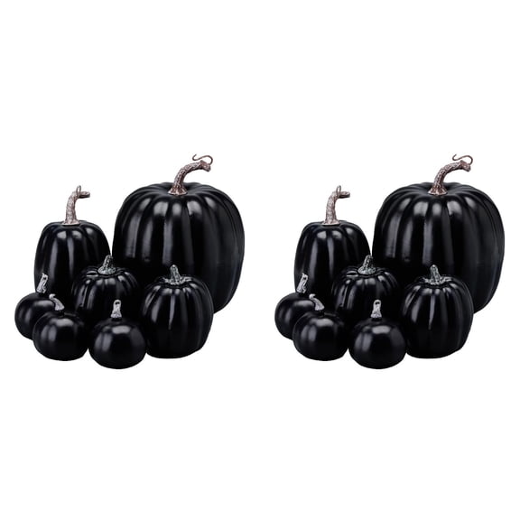 2Pack Black Artificial Pumpkins, 7 Piece Pumpkin Decoration Set for Halloween, Fall and Home Display