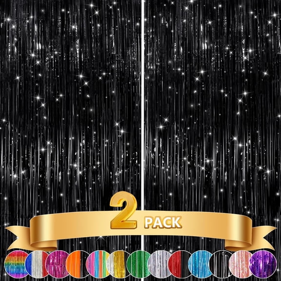 2Pack Black Metallic Tinsel Foil Fringe Curtains, Black Foil Curtain Backdrop, Photo Booth Props for Birthday Wedding Baby Shower Bachelorette Xmas Celebration Party Decorations Door Streamers