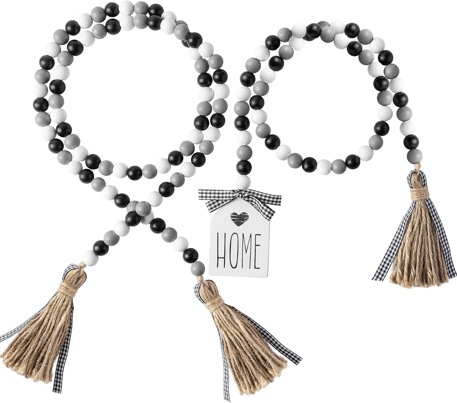 2Pack Black and White Wood Bead Garland Set with Tassel Rustic Farmhouse Tiered Tray Decorations Country Rustic Wall Hanging Decor Natural Wood Bead Decoration