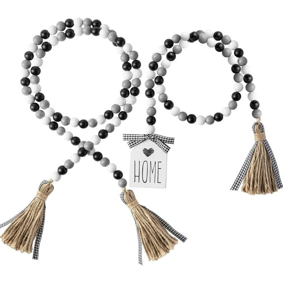 2Pack Black and White Wood Bead Garland Set with Tassel Rustic Farmhouse Tiered Tray Decorations Country Rustic Wall Hanging Decor Natural Wood Bead Decoration
