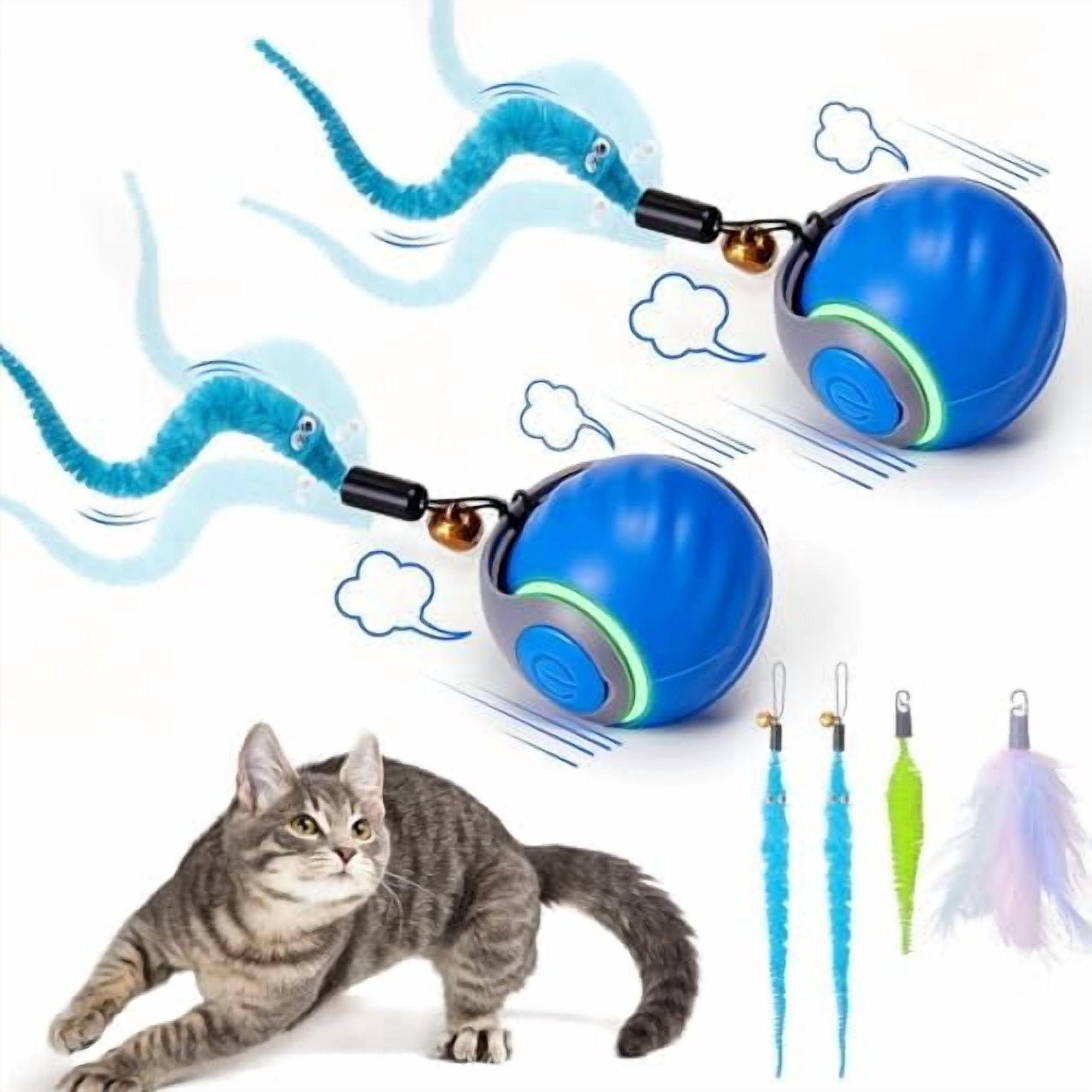 2Pack Blue Interactive Cat Toy Ball - Automatic Interactive Cat Toys for Indoor Cats with 3 Tails, 2 Speeds Rechargeable Enrichment for Small/Medium/Large to Keep Them Busy