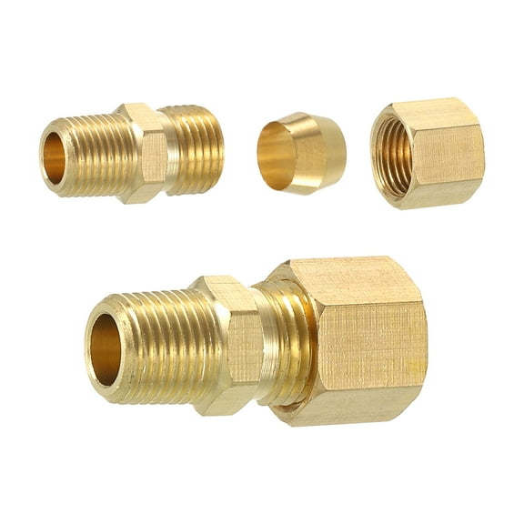 2Pack Brass Pipe Fitting, 1/4" OD x 1/8" NPT Male Brass Compression Tube Fitting, Brass Compression Union Connector, Brass Straight Coupling Adapter Fitting Fit 1/4" Pipe