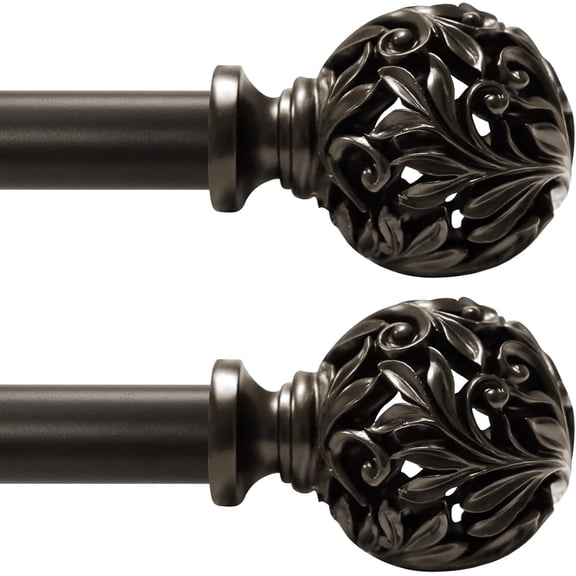 2Pack Bronze Curtain Rods 36 to 120 inch (3-10ft), 1 Inch Diameter Adjustable Heavy Duty Decorative Curtain Rods with Decorative Openwork Carved finials for Living Room Bedroom Windows