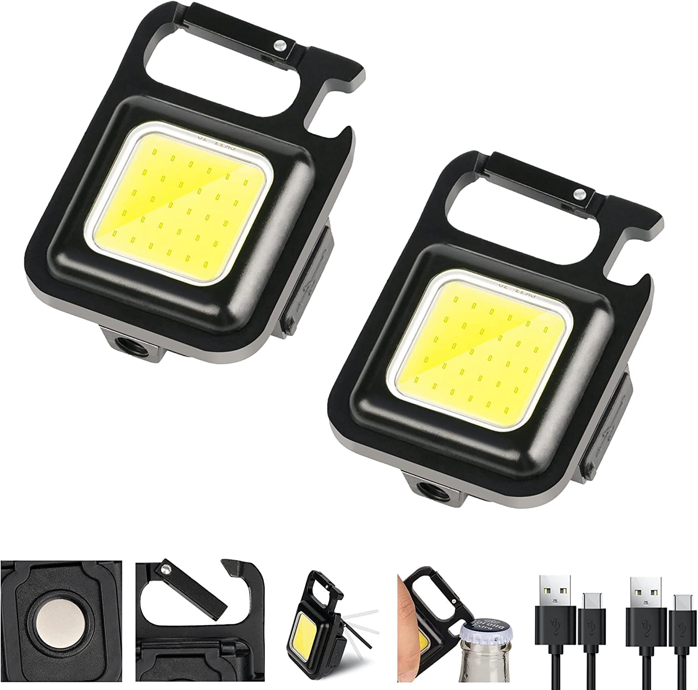 2Pack COB Small Flashlights, Rechargeable Keychain Mini Flashlight 4 Light Modes Portable Pocket Light with Folding Bracket Bottle Opener and Magnet Base for Fishing Walking Camping