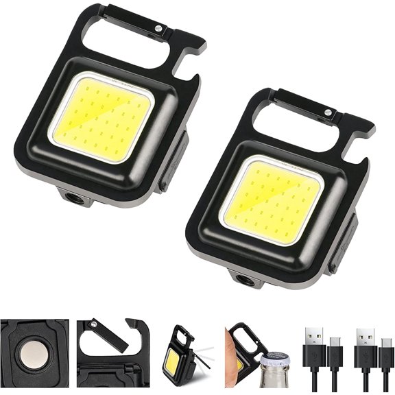 2Pack COB Small Flashlights, Rechargeable Keychain Mini Flashlight 4 Light Modes Portable Pocket Light with Folding Bracket Bottle Opener and Magnet Base for Fishing Walking Camping