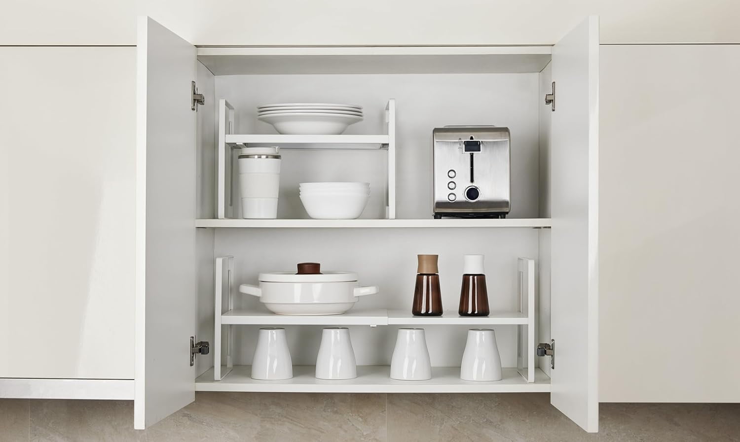 2Pack Cabinet Shelf Organizer Expandable 5 Heights Adjustable Stackable ...