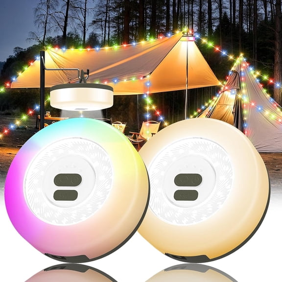 2Pack Camping String Lights, 4 in 1 Quick Storage Essentials Gear 32.8FT Rechargeable Tent Lights with 9 Modes Hanging Waterproof LED Camp Lamp for Hiking Patio Festival (Warm +RGB)