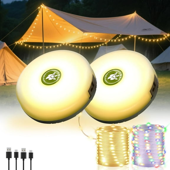 2Pack Camping String Lights, 4-in-1 Quick Storage Camp Light, 8Mode 32.8FT Hanging Tent Rechargeable Lamp As Essentials Gear, Waterproof LED Lantern for Hiking Travel Patio Party