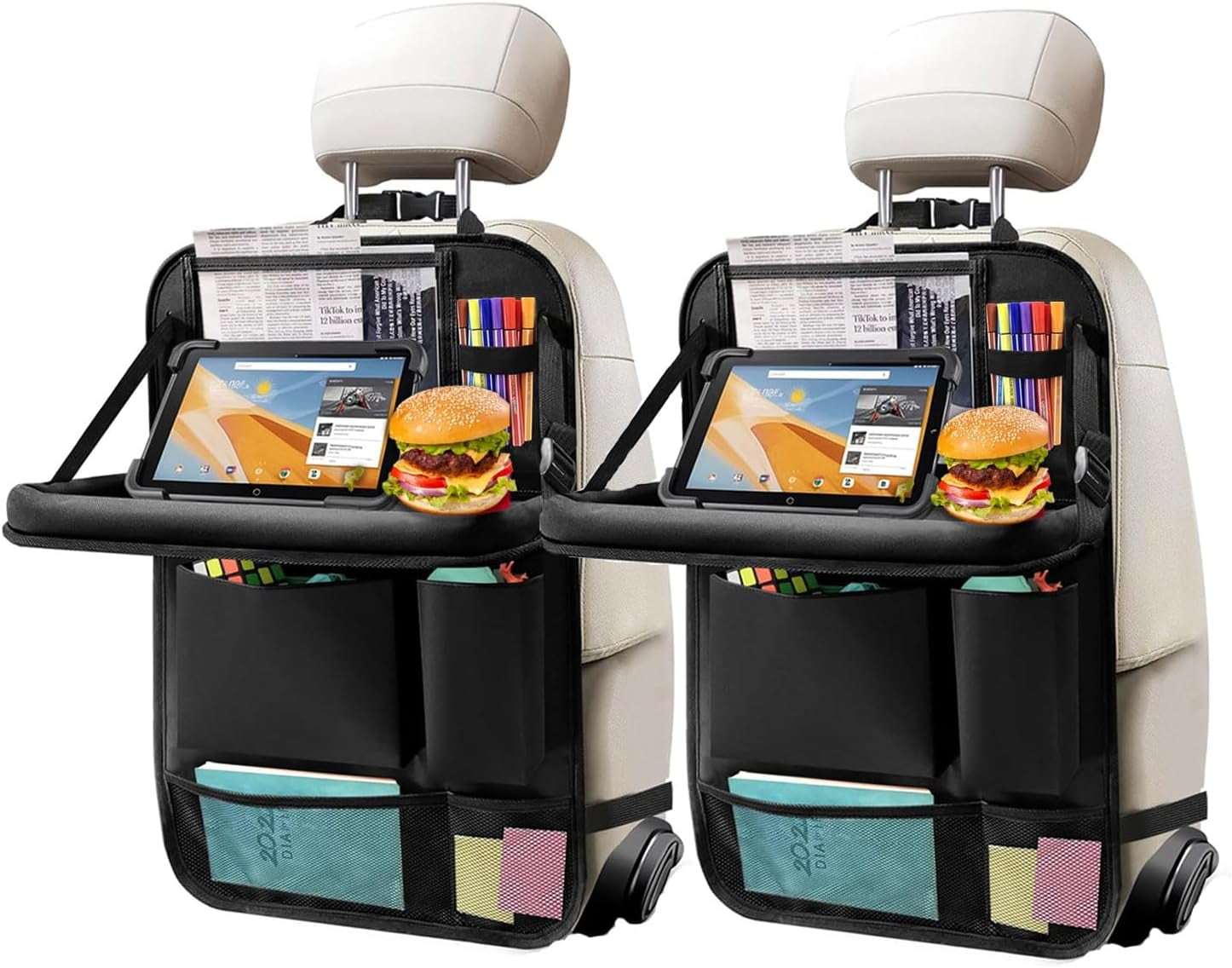 2Pack Car Backseat Organizer with Foldable Table Tray,6 Storage Pockets Car Storage Organizer with Tablet Holder,Car Seat Back Protectors Kick Mats Travel Accessories (Black)