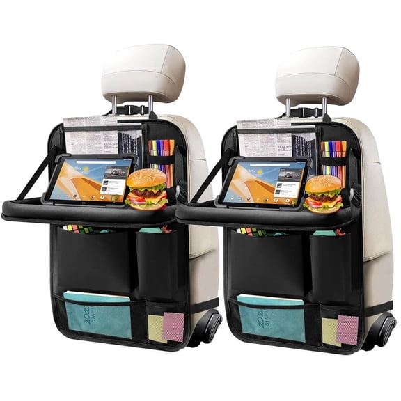 2Pack Car Backseat Organizer with Foldable Table Tray,6 Storage Pockets Car Storage Organizer with Tablet Holder,Car Seat Back Protectors Kick Mats Travel Accessories (Black)