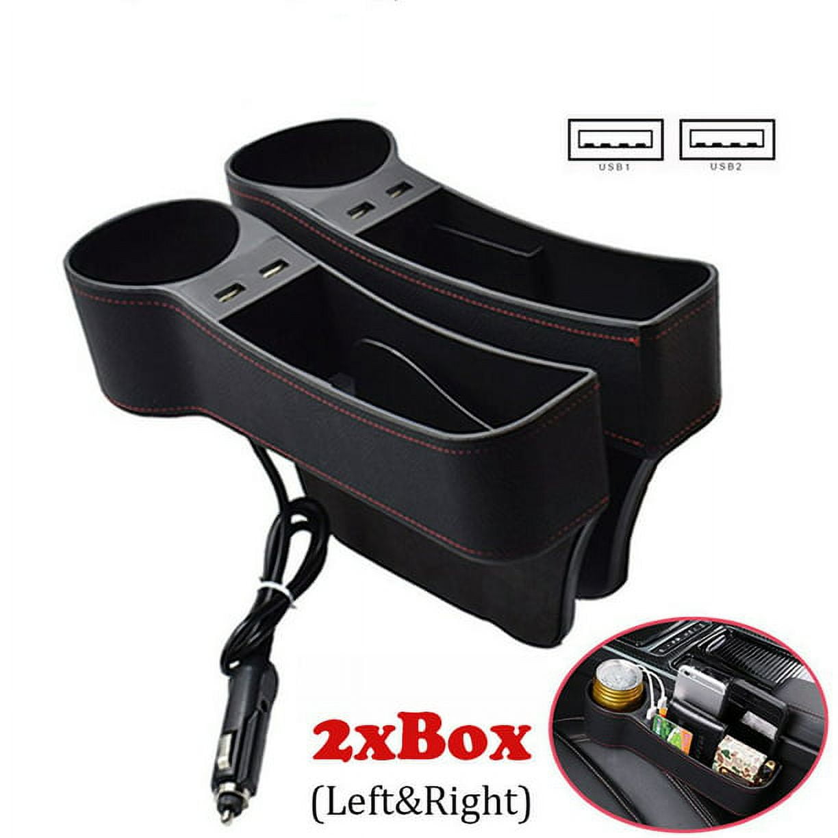 2Pack Car Seat Gap Filler Organizer Leather Storage Box with Dual USB Charger Cup Holder