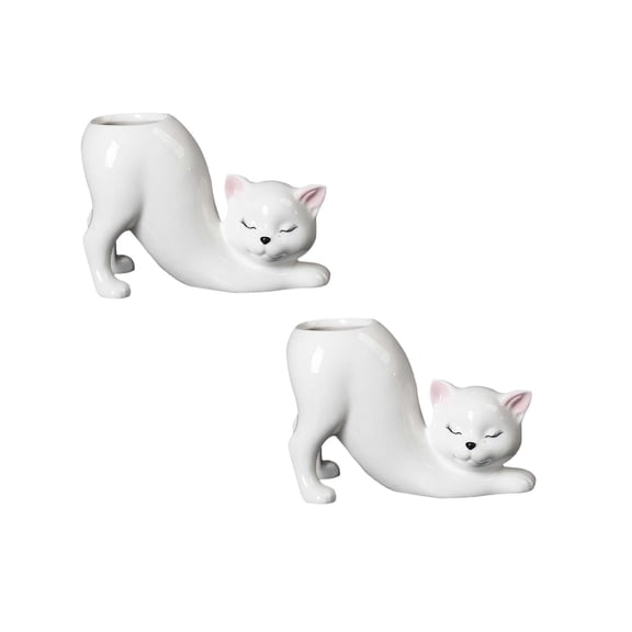 2Pack Cartoon Cat Flower Pot Animal Cat Vase Planter Ceramics Container Pot Flowerpot For Patio Home Living Room Garden White Flower Pots Home Decor