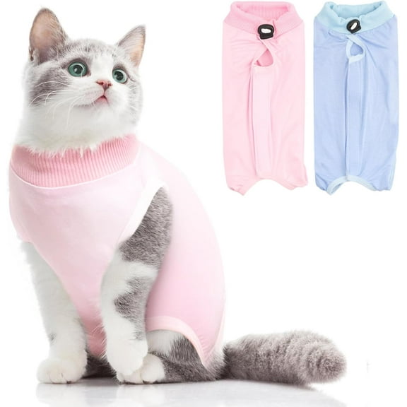 2Pack Cat Surgery Recovery Suit Clothes for Female and Male,Cat Onesie Shirts for Cat After Surgery,Cat Spay Surgical Recovery Suit Stop Licking Abdominal Wound,Cat Cone Collar Substitute-Pink&Blue,M