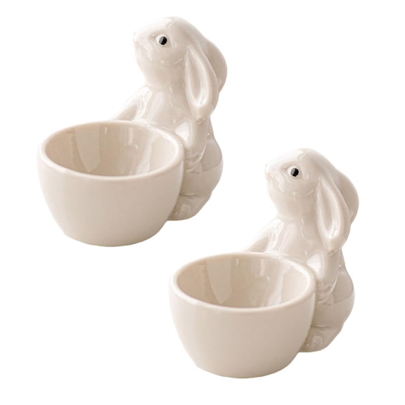 2Pack Ceramic Bunny Egg Cup Easter Bunny Shaped Egg Cups Rabbit Statue Egg Holder Porcelain Easter Egg Display Stand For Hard Boiled Eggs Breakfast Table Pot Dish Bowl Desktop Ornament Home Decor