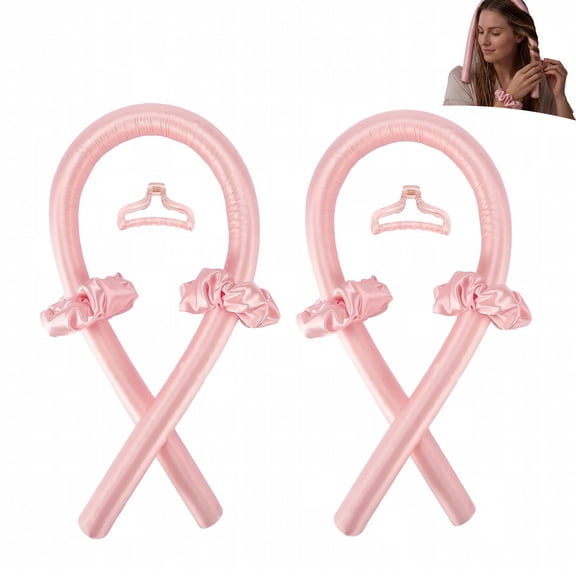 2Pack Champagne Pink Heatless Curling Rod Headband No Heat Silk Ribbon Curling Rod Hair Roller Curls with Hair Claw Clip Overnight DIY Soft Wave Styling Tool for All Hair Types