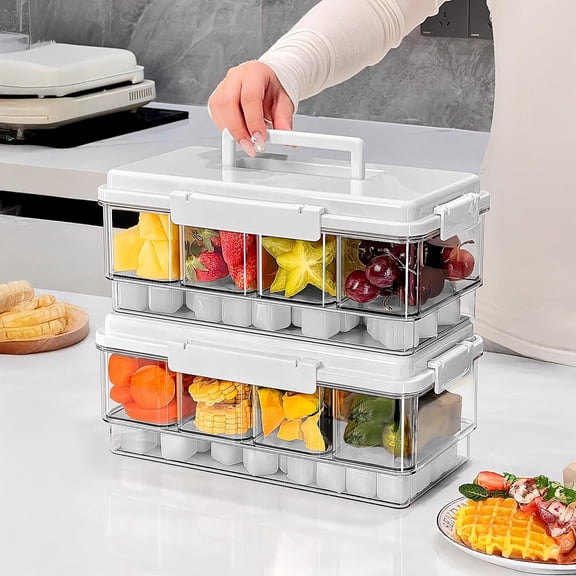 2Pack Chilled Condiment Caddy with 4 Containers 4 Lids Fruit Serving Tray Platter with Handle Portable Snackle Box Organizer Server with Ice Pack for Mimosa Bar Supplies,Salad,TacoParty Garnish,White