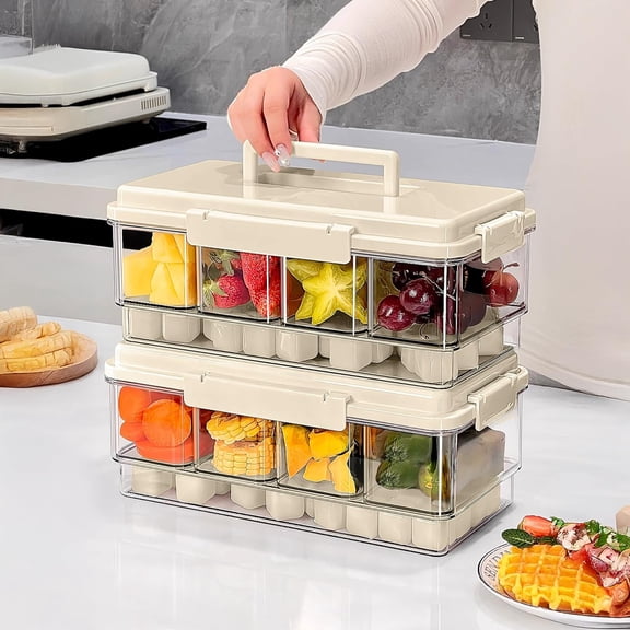 2Pack Chilled Condiment Caddy with 4Containers 4 Lids Fruit Serving Tray Platter with Handle Portable Snackle Box Organizer Server with Ice Pack for Mimosa Bar Supplies,Salad,Taco,Party Garnish,Beige
