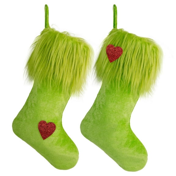 2Pack Christmas Stockings - 18 inch Green Velvet Holiday Stockings for Fireplace Mantle or Wall Decor - Perfect for Christmas Decorations, Decorations for Home