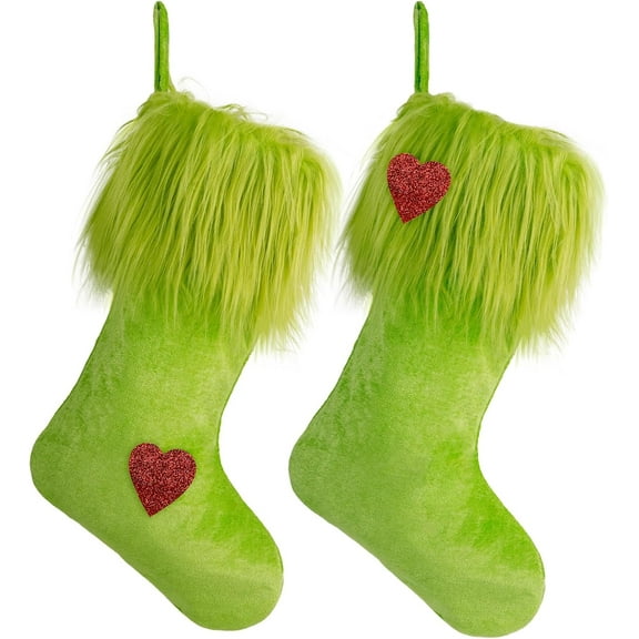 2Pack Christmas Stockings - 18 inch Green Velvet Holiday Stockings for Fireplace Mantle or Wall Decor - Perfect for Christmas Decorations, Decorations for Home