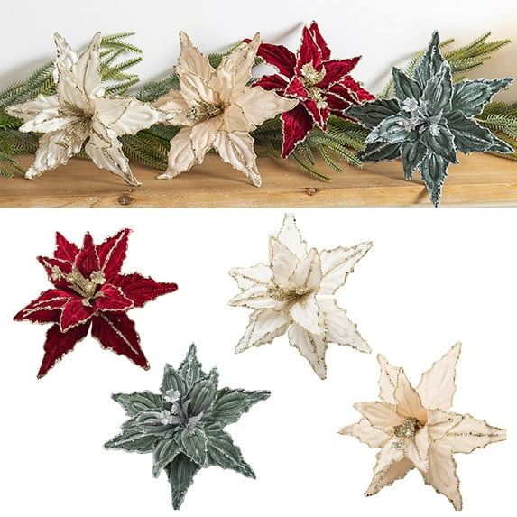 2Pack Christmas Velvet Flowers, 10'' Large Heads Christmas Glitter Flowers Christmas Tree Ornaments, Artificial Flower with Adjustable Petals for Xmas Tree Wreath DIY Decoration