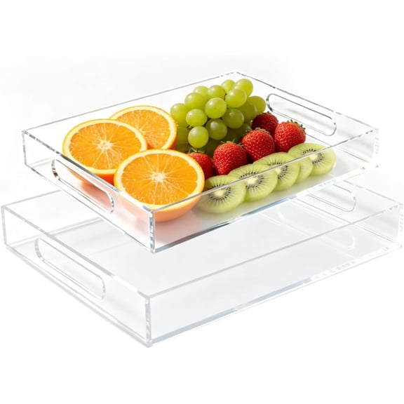 2Pack Clear Acrylic Tray, 12"x16" and 11"x14" Lucite Tray, Acrylic Serving Tray with Handles for Food Coffee Cupcake Fruit, Kitchen Countertop, Ottoman & Desk Organizer, Catering Dessert Tray