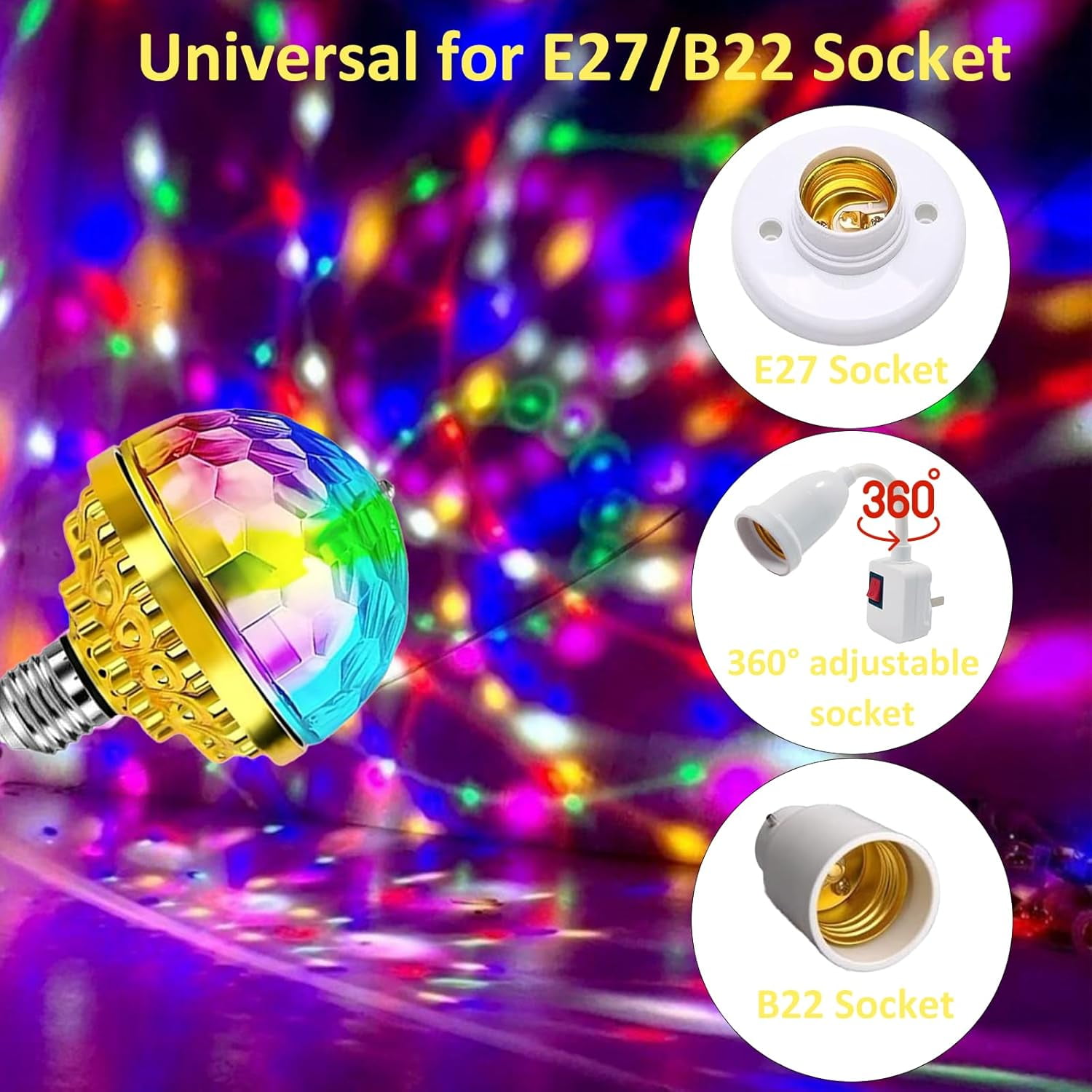 2Pack Colorful Rotating Magic Ball Light Plug in Disco Ball Light Bulb with Sockets, Strobe Stage Lighting Lamp for Home Room Dance Birthday Karaoke Halloween Christmas Show Club Decoration
