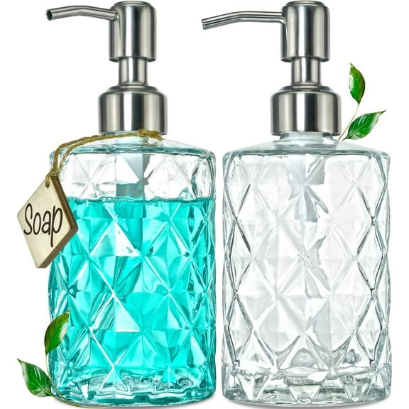 2Pack Diamond Embossed Glass Soap Dispenser with 304 Rustproof Stainless Steel Pump, 12 OZ Bathroom soap A Wooden Tag, Elegant Hand for & Kitchen