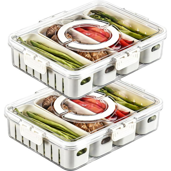 2Pack Divided Veggie Tray with Lid and Handle 4 Compartment Serving Tray with Dividers Portable Travel Snack Storage Containers Stackable Snackle Box Charcuterie Container for Fruit,Vegetable,Salad