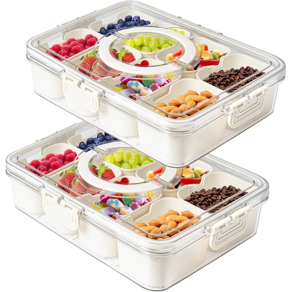 2Pack Divided Veggie Tray with Lid and Handle 8 Compartment Serving Tray with Dividers Portable Travel Snack Containers Stackable Snackle Box Charcuterie Container for Fruit,Vegetable,Salad