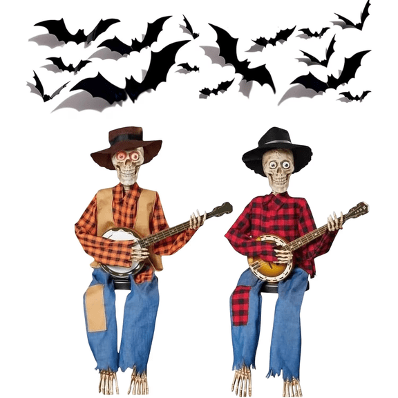 2Pack Dueling Banjo Skeletons, Halloween Animated Decorations, Animated Musical Skeleton Duo with Light-Up Eyes, Indoor and Outdoor Party DecorCXL