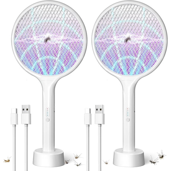 2Pack Electric Fly Swatter,4000V Bug Zapper Racket with 1500mah Battery Rechargeable,2 in 1 Fly Zapper & Purple Mosquito Killer Lamp with 3 Layers of Safety Net Suitable for Indoor and Outdoor