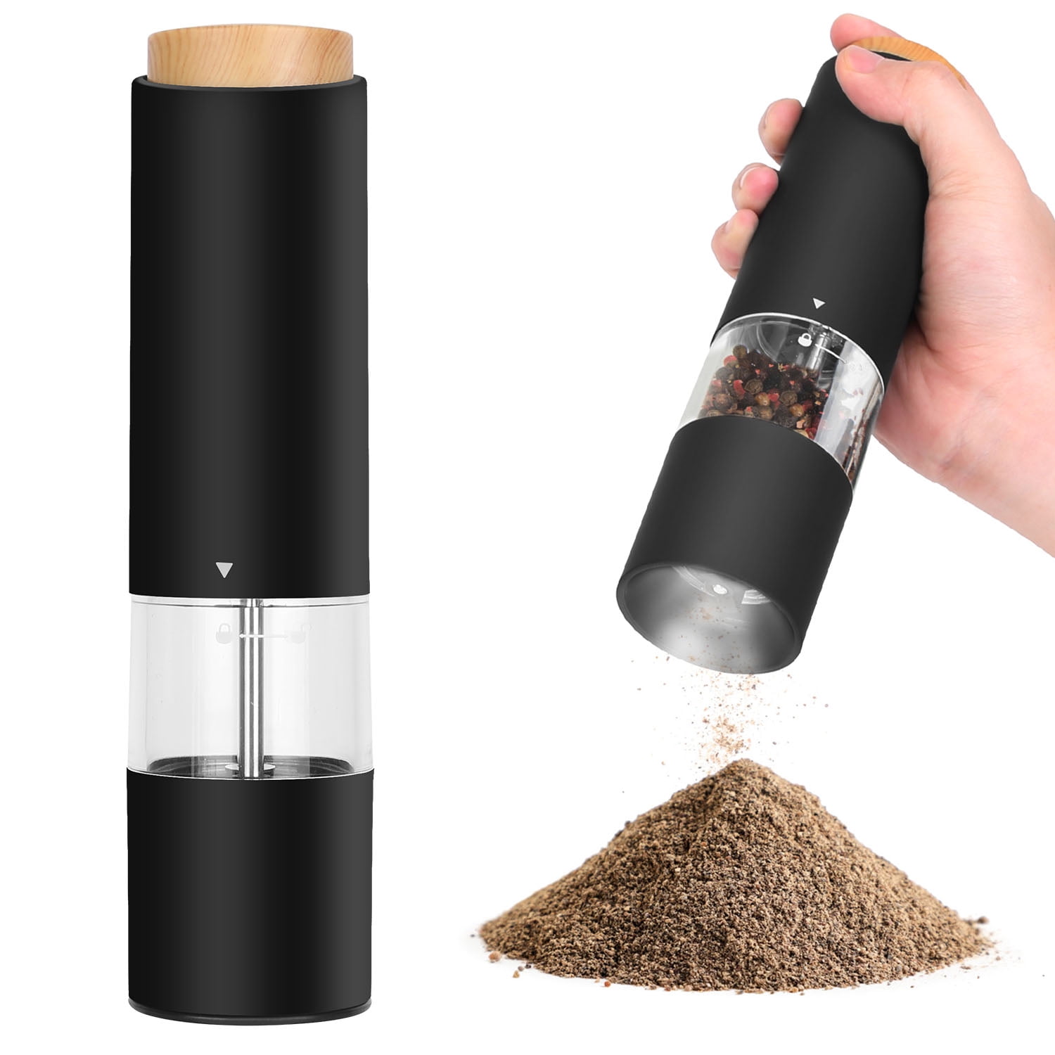 2Pack Electric Salt and Pepper Grinder Set Teqhome Automatic Salt Pepper Mill Grinder Battery Powered with LED Light Adjustable Coarseness for Kitchen Restaurant Black