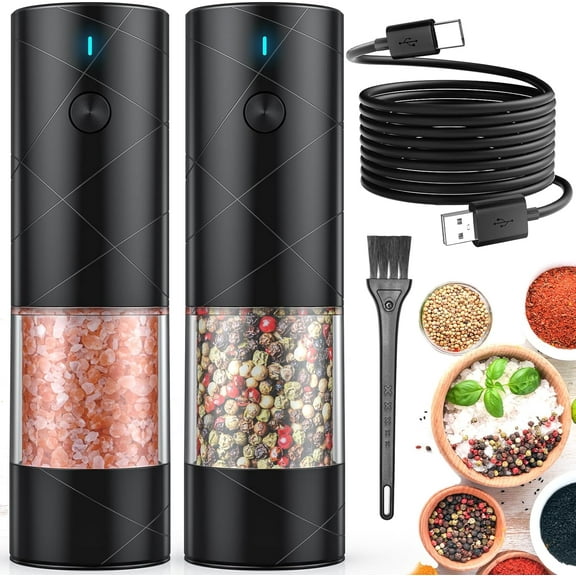 2Pack Electric Salt and Pepper Grinder Set USB Rechargeable with Warm LED Light, Adjustable Coarseness Large Capacity Automatic Salt Pepper Mill Shakers for Kitchen, Restaurant, Outdoor, Black