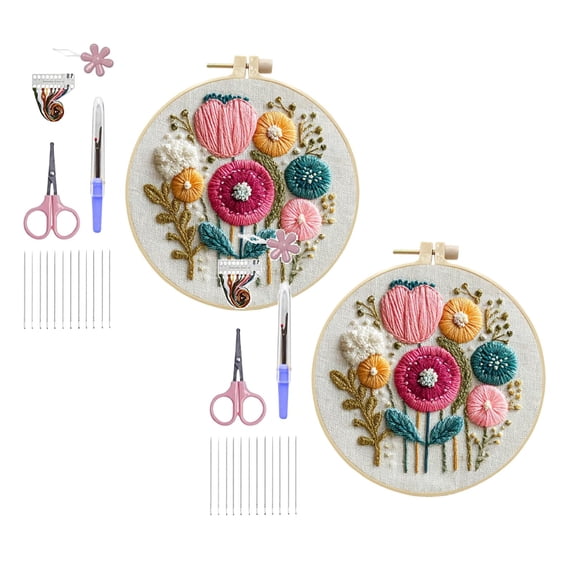 2Pack Embroidery Kit For Beginners Cross Stitch Kits Needlepoint Set Colorful Flowers Patterns Embroidery Thread Kit For Craft Lover Hand Stitch With Threads Hoop Fabric-Floral