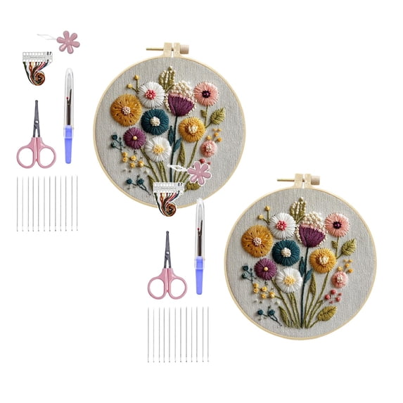2Pack Embroidery Kit For Beginners Cross Stitch Kits Needlepoint Set Colorful Flowers Patterns Embroidery Thread Kit For Craft Lover Hand Stitch With Threads Hoop Fabric-Floral