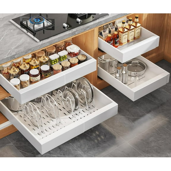 Upgrade 3 Slide Rails Slide Out Drawers, 2Pack Expandable Pull Out Cabinet Organizer 21"Deep With Raising Pad for Framed Cabinets, Roll Out Shelves Adhesive