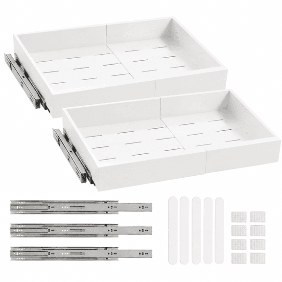 2Pack Expandable Pull Out Cabinet Organizer 21"Deep With Raising Pad for Framed Cabinets, Upgrade 3 Slide Rails Slide Out Drawers, Roll Out Shelves Adhesive,Adjustable Width 12.05"-20.4"White