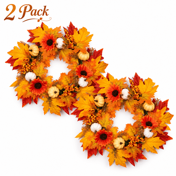 2Pack Fall Door Wreaths, 22 in Sunflower Wreath with Pumpkin and Maple Leaf for Front Door, Wall, Porch and Thanksgiving Decor