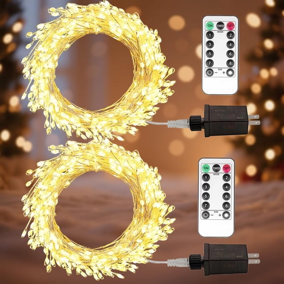 2Pack Firecracker Fairy Lights, 20Ft 200 8 Modes Plug in String Lights - Warm White Cluster Copper Wire Lights for Christmas Tree, Indoor Decor, Wedding,