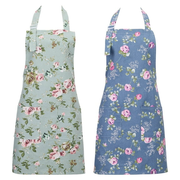 2Pack Floral Aprons for Women Adjustable Kitchen Chef Apron With Rose Pattern for Cooking,Baking(Blue)