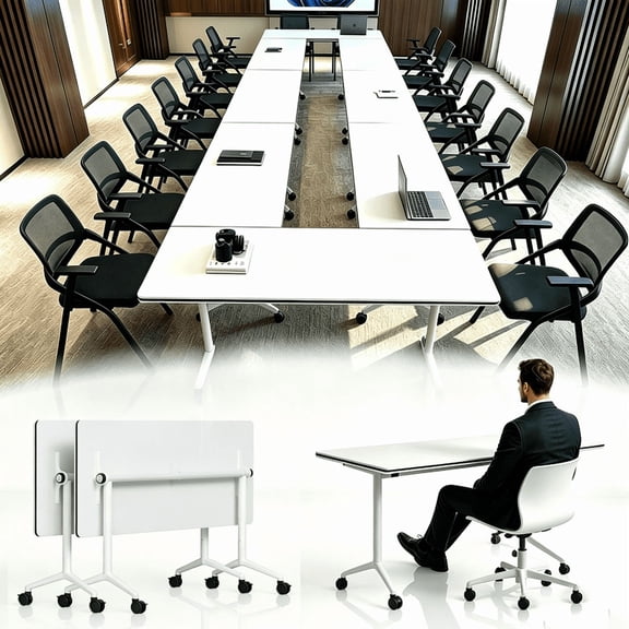 2Pack Folding Conference Room Table with Wheels,47.2in Modular Training Table for Office Classroom,White